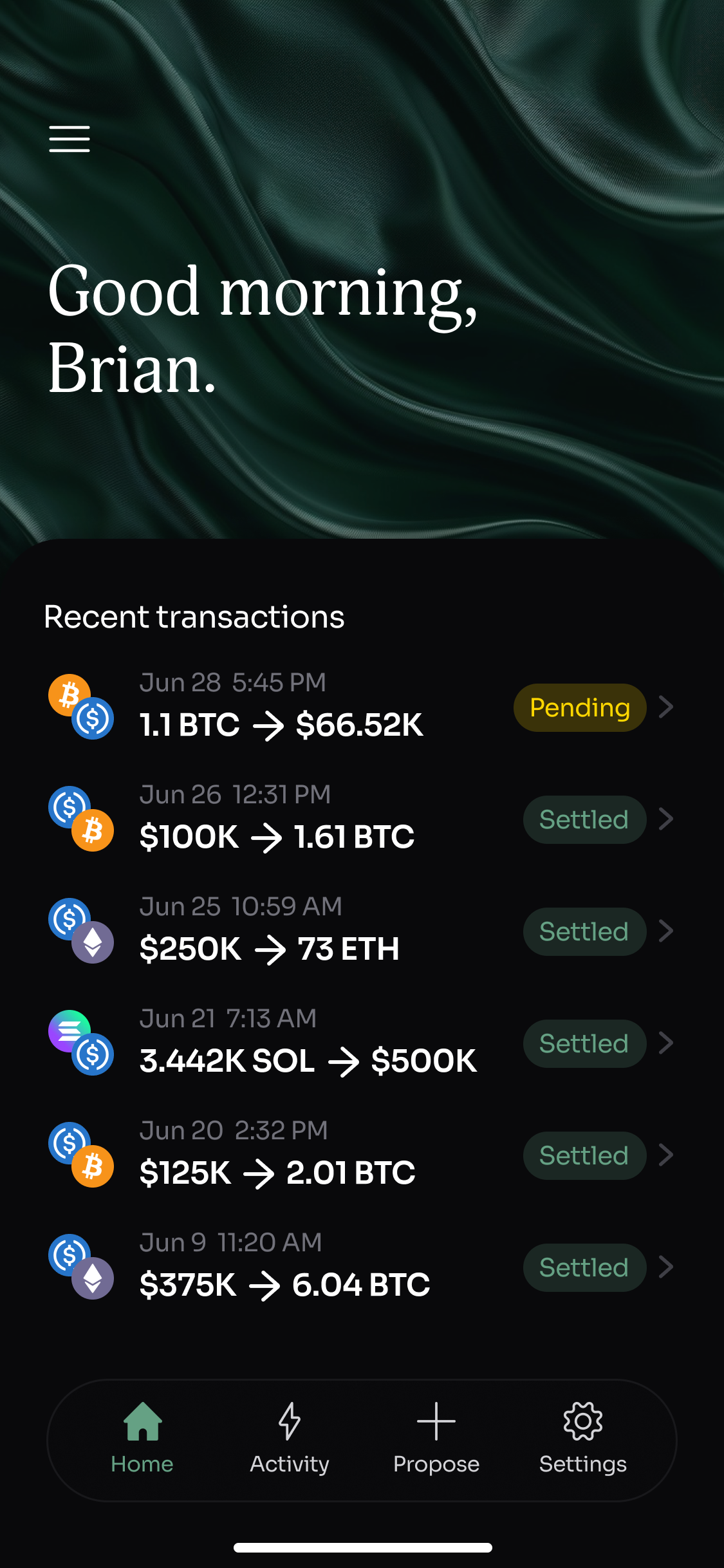 The home screen of Five Bells' app listing recent transactions.
