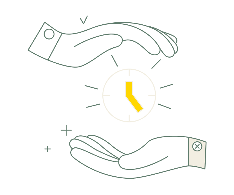 An illustration of two hands with a clock between them.