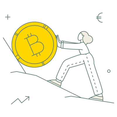 An illustration of a person leaning on a coin with the Bitcoin icon