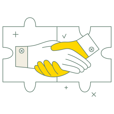 An illustration of a handshake above puzzle pieces