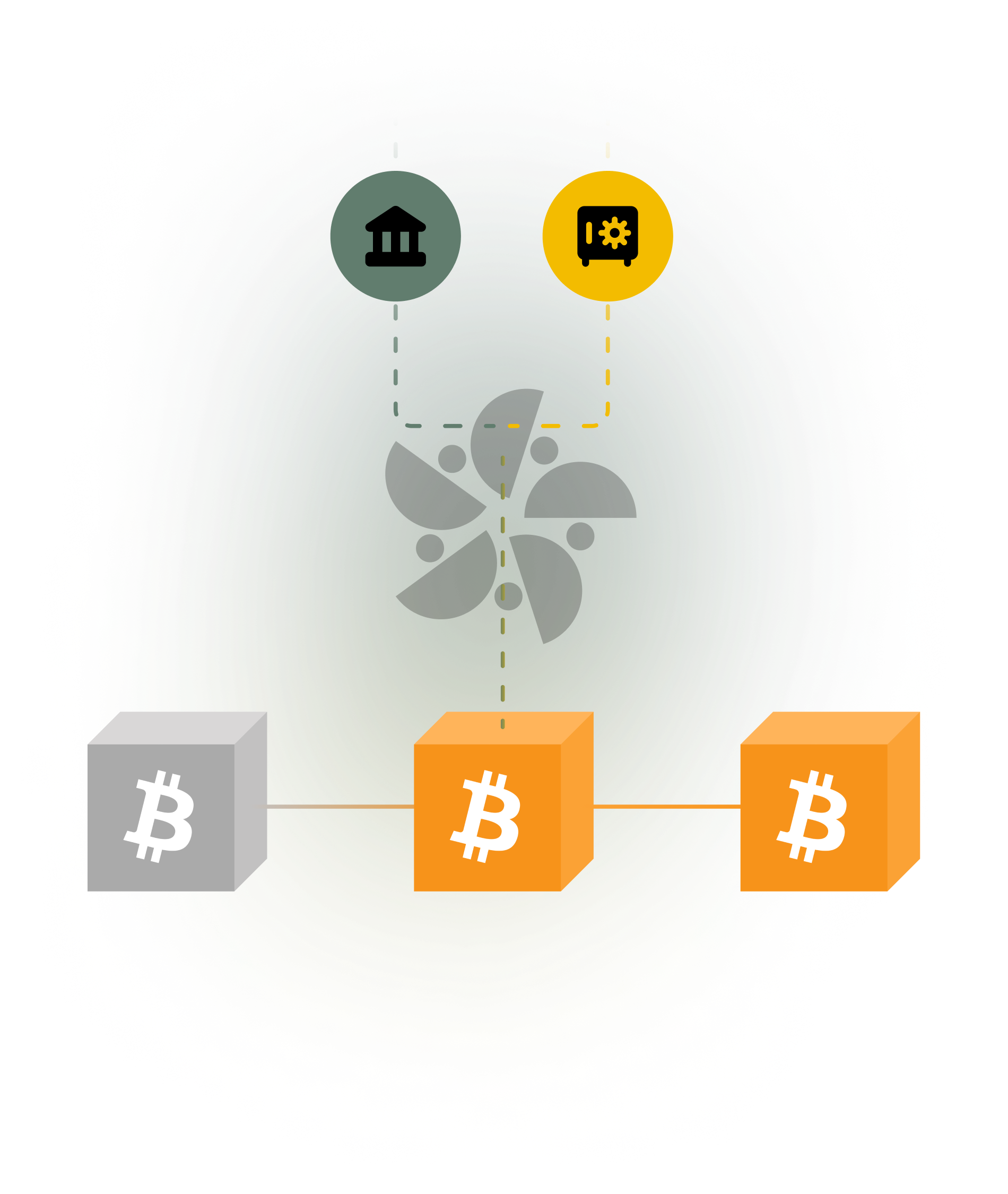 An illustration depicting a bank and crypto vault coming together and settling via the blockchain.