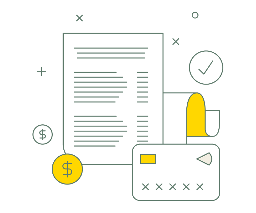 An illustration of a credit card, receipt, and coins.