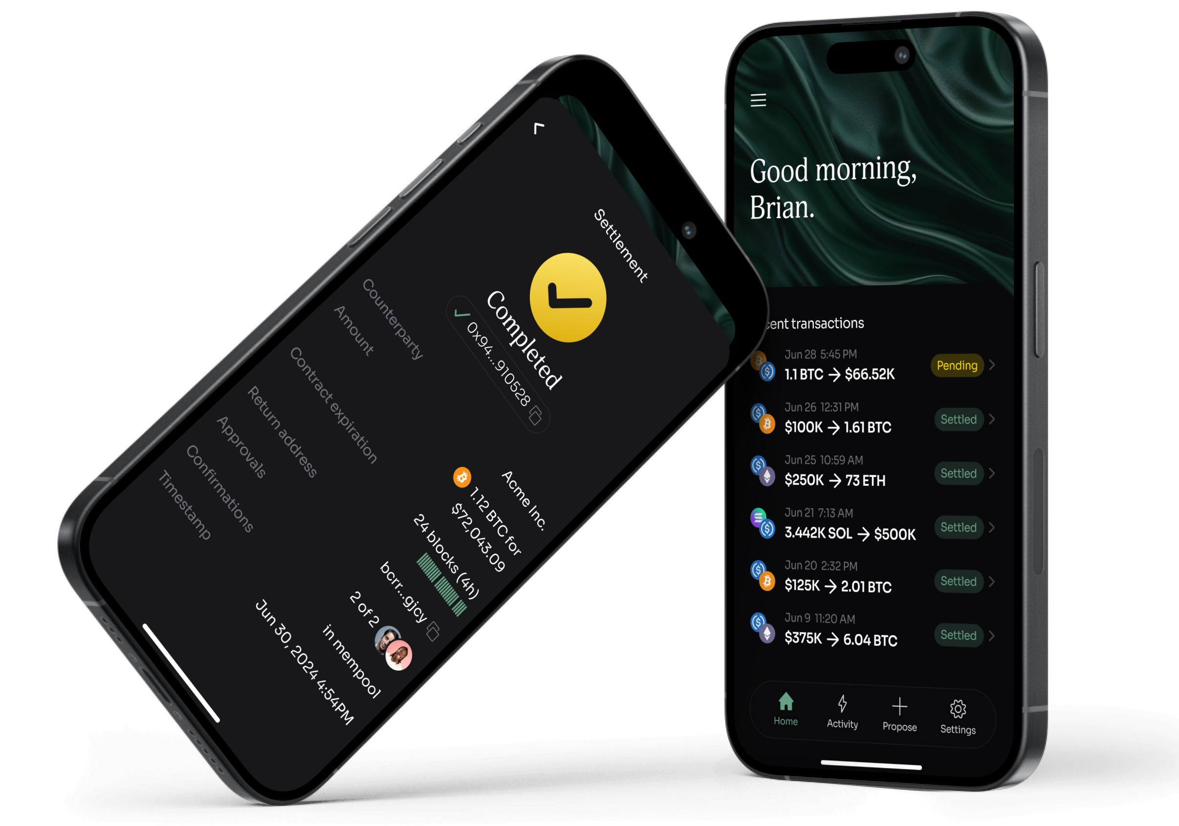 Two iphones leaning on one another displaying the home screen and summary screen of Five Bells' app.