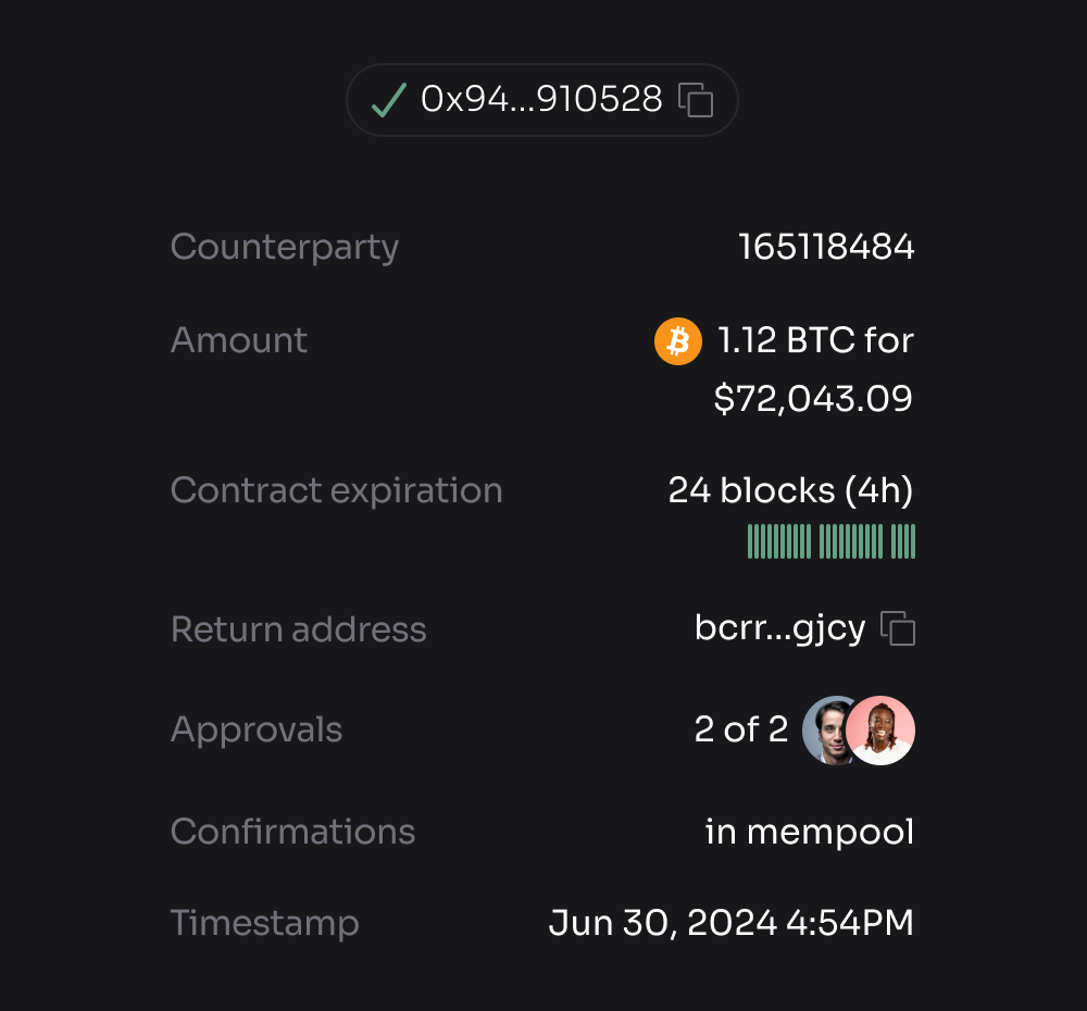 A summary view showing transaction details settled using Five Bells