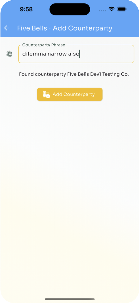 Add Counterparty screen